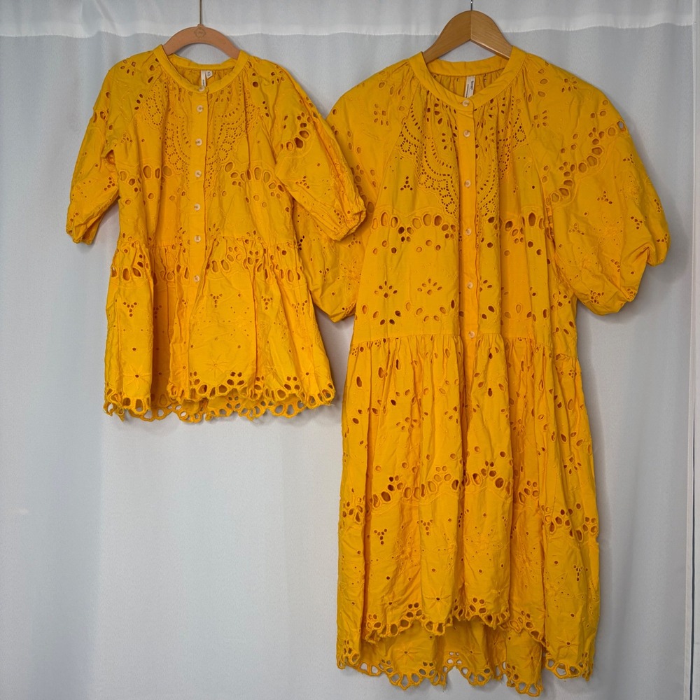 Anthropologie Yellow Eyelet Lace Tiered Midi Dress Puff Sleeve Button Front M - Picture 4 of 10